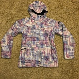 Women's Hooded Waterproof Jacket - White with Pink & Blue Pattern